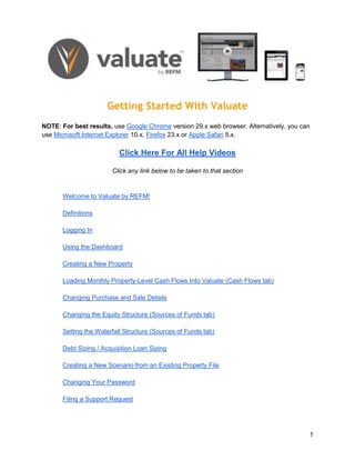 Getting Started With Valuate
NOTE: For best results, use Google Chrome version 29.x web browser. Alternatively, you can
use Microsoft Internet Explorer 10.x, Firefox 23.x or Apple Safari 5.x.

Click Here For All Help Videos
Click any link below to be taken to that section
REFM Valuate (Beta release) Quick Start Instructions
Welcome to Valuate by REFM!
Definitions
Logging In
Using the Dashboard
Creating a New Property
Loading Monthly Property-Level Cash Flows Into Valuate (Cash Flows tab)
Changing Purchase and Sale Details
Changing the Equity Structure (Sources of Funds tab)
Setting the Waterfall Structure (Sources of Funds tab)
Debt Sizing / Acquisition Loan Sizing
Creating a New Scenario from an Existing Property File
Changing Your Password
Filing a Support Request

1

 
