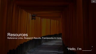 Reference Links, Research Results, Frameworks & more.
Resources
19
“
“Hello, I’m _____.
 