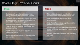 6
Voice Only: Pro’s vs. Con’s
Pro’s
 Get a specific question addressed more
easily and faster; Ask/Command & Done!
 Great for specific info/data lookup and data
analysis tasks, that are either buried or not
accessible via current navigation
 Focused conversation & limiting number of
choices lends to speed & confidence with
decision making
 Handy when user situation requires a
hands-free setup
 More Natural interactions – “Humanize the
experience”
Con’s
✗ May not be obvious to user that they can
initiate conversation or what/how to ask
✗ User may need to adjust their work
environment
✗ High Risk of exceeding cognitive load to
process voice response
✗ Not suitable for complex tasks that require
visual guidance, user input or involve many
choices
✗ Privacy & security concerns with speaking
out loud
 