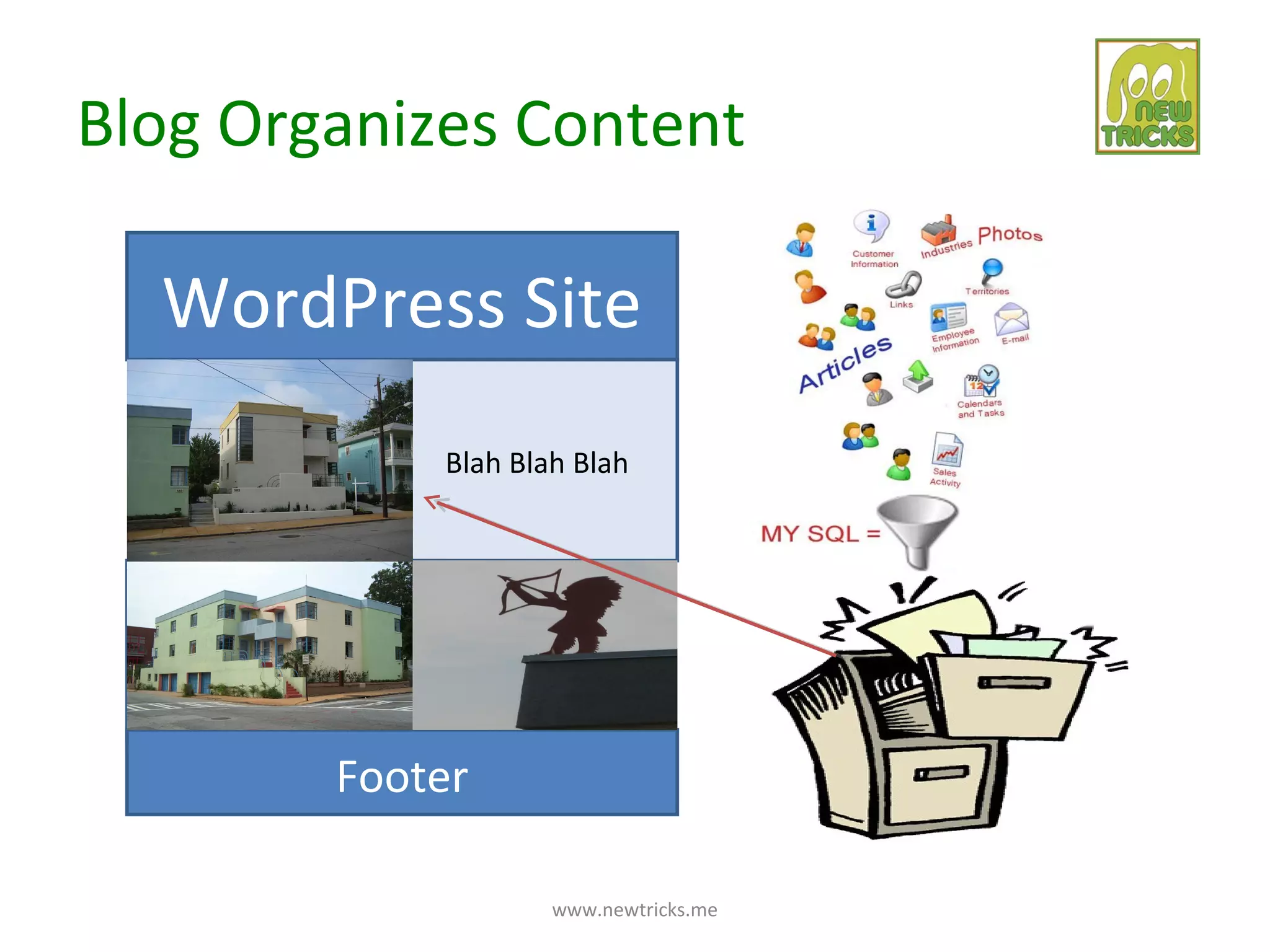 Blog Organizes Content

  WordPress Site
                        Blah Blah Blah




  More Text goes here



               Footer

                                www.newtricks.me
 