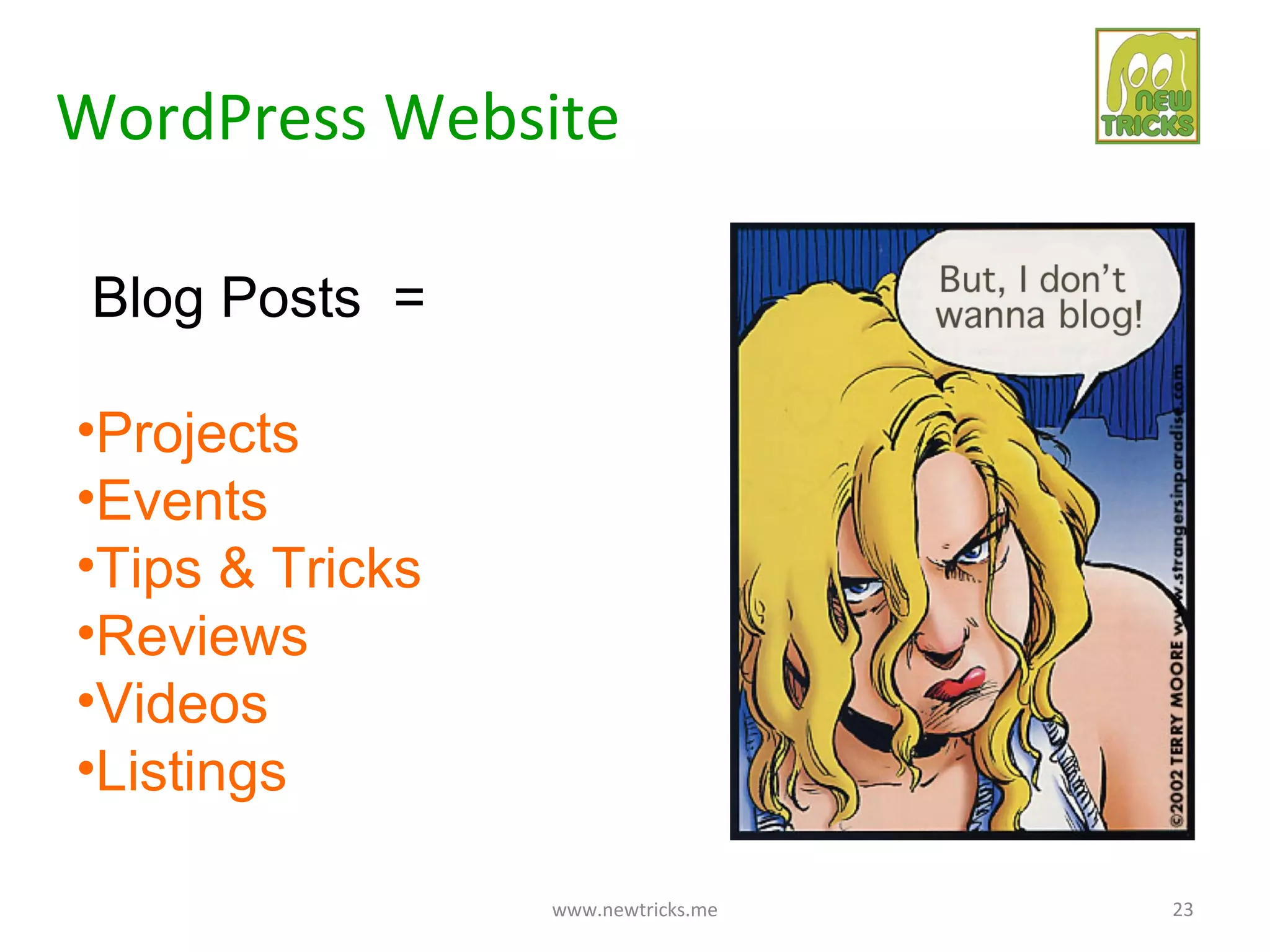 WordPress Website

 Blog Posts =

•Projects
•Events
•Tips & Tricks
•Reviews
•Videos
•Listings

                 www.newtricks.me   23
 