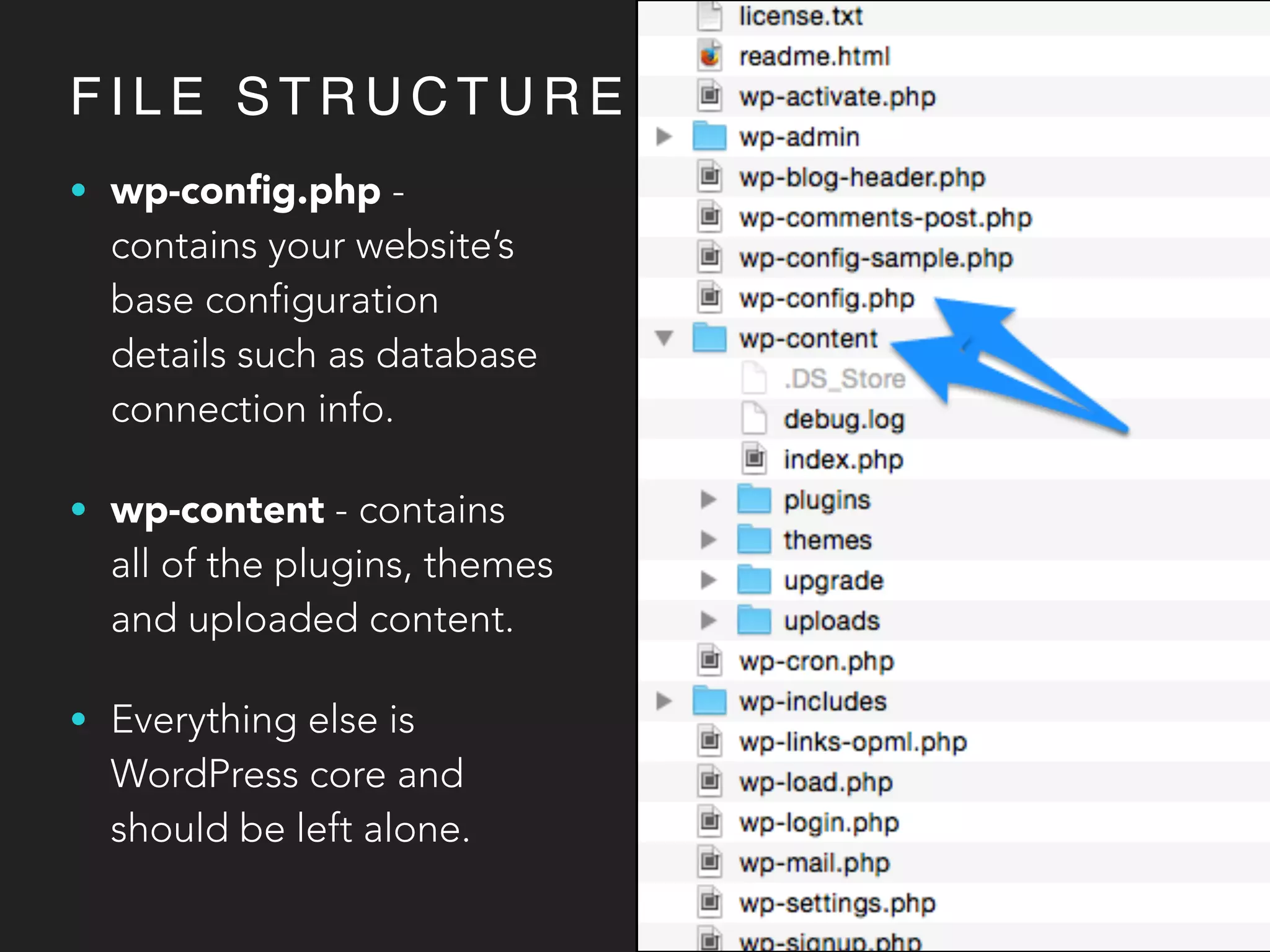 F I L E S T R U C T U R E
• wp-conﬁg.php -
contains your website’s
base configuration
details such as database
connection info.
• wp-content - contains
all of the plugins, themes
and uploaded content.
• Everything else is
WordPress core and
should be left alone.
 