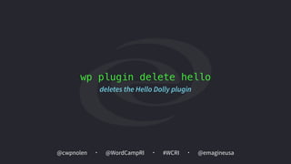 @cwpnolen @emagineusa@WordCampRI #WCRI
wp plugin delete hello
deletes the Hello Dolly plugin
 