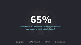 @cwpnolen @emagineusa@WordCampRI #WCRI
65%The amount of time I save setting up WordPress
compared to the 5 Minute Install
 