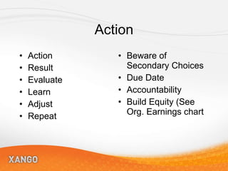Action Action Result Evaluate Learn Adjust Repeat Beware of Secondary Choices Due Date Accountability Build Equity (See Org. Earnings chart 