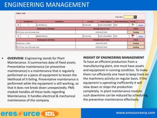 • OVERVIEW: Engineering stands for Plant
Maintenance. It summarises data of fixed assets.
Preventative maintenance (or preventive
maintenance) is a maintenance that is regularly
performed on a piece of equipment to lessen the
likelihood of it failing. Preventative maintenance is
performed while the equipment is still working, so
that it does not break down unexpectedly. PMS
module handles all these tasks regarding
Maintenance. It handles electrical & mechanical
maintenance of the company.
www.eresourceerp.com
ENGINEERING MANAGEMENT
INSIGHT OF ENGINEERING MANAGEMENT
To have an efficient production from a
manufacturing plant, one must have assets
and equipment in running condition. To make
them run efficiently one have to keep track on
the machinery activity on regular basis. If the
equipment is operating inefficiently it will
slow down or stops the production
completely. In plant maintenance module
such downtime can be reduced by scheduling
the preventive maintenance effectively.
 