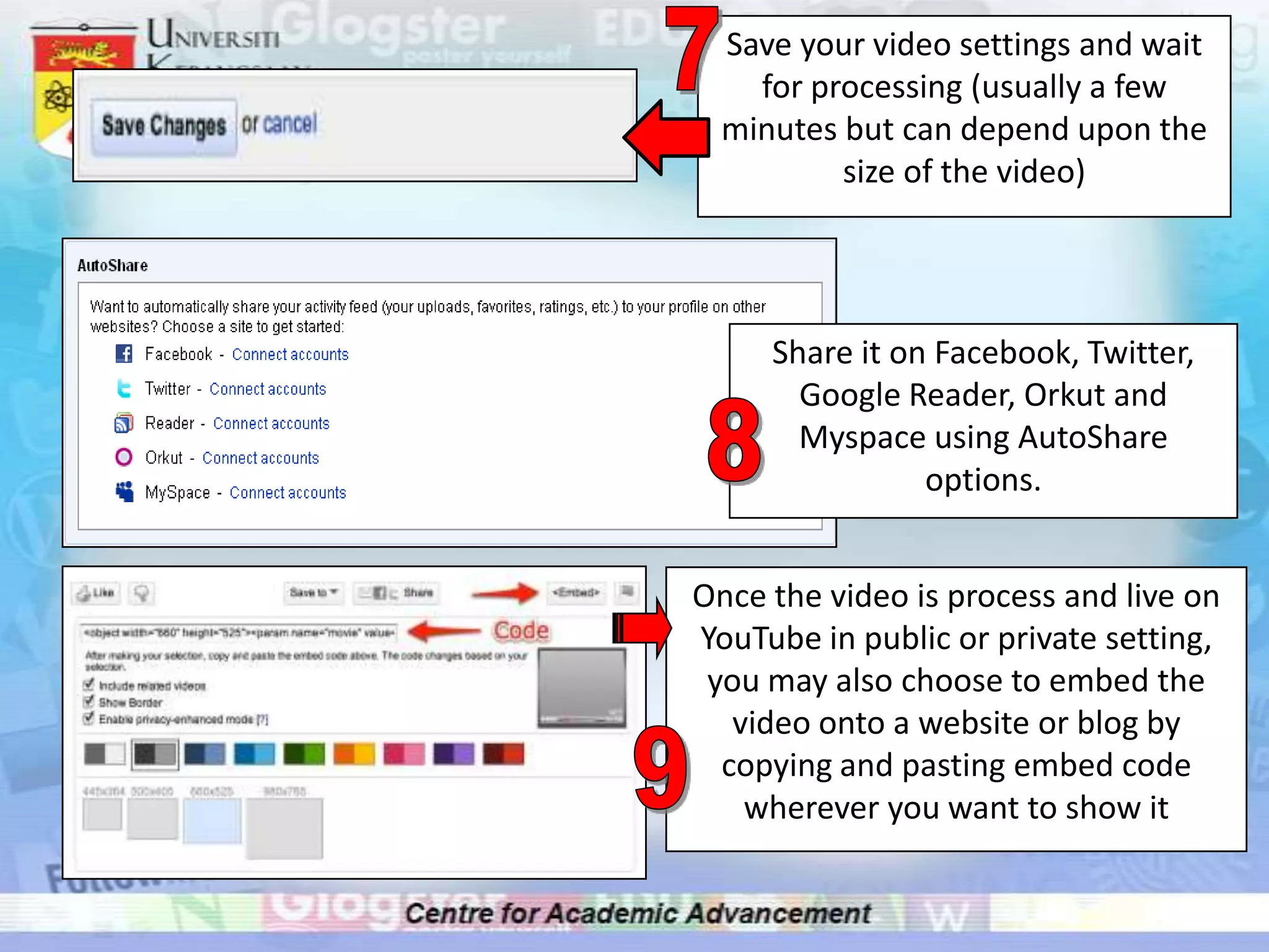 7Save your video settings and wait for processing (usually a few minutes but can depend upon the size of the video)Share it on Facebook, Twitter, Google Reader, Orkut and Myspace using AutoShare options.8Once the video is process and live on YouTube in public or private setting, you may also choose to embed the video onto a website or blog by copying and pasting embed code wherever you want to show it9
