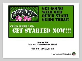 Step-by-step
Fast Start Guide to Getting Started

   With ZNZ and Crazy Sis Biz!

                             www.crazysisbiz.com
 