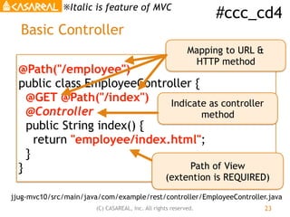 #ccc_cd4
(C) CASAREAL, Inc. All rights reserved.
Basic Controller
23
@Path("/employee")
public class EmployeeController {
...