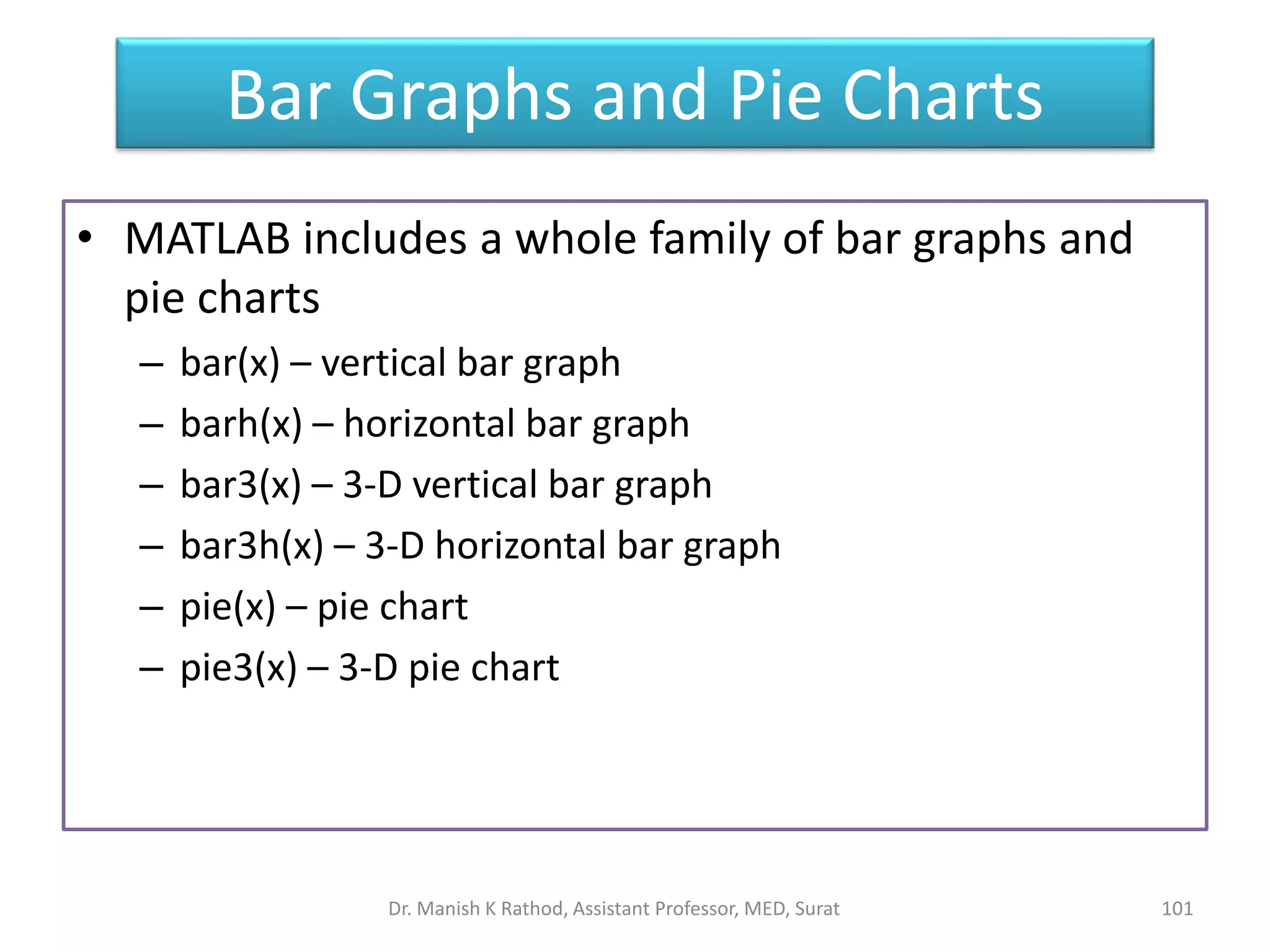 Bar Graphs and Pie Charts
• MATLAB includes a whole family of bar graphs and
pie charts
– bar(x) – vertical bar graph
– barh(x) – horizontal bar graph
– bar3(x) – 3-D vertical bar graph
– bar3h(x) – 3-D horizontal bar graph
– pie(x) – pie chart
– pie3(x) – 3-D pie chart
101
Dr. Manish K Rathod, Assistant Professor, MED, Surat
 