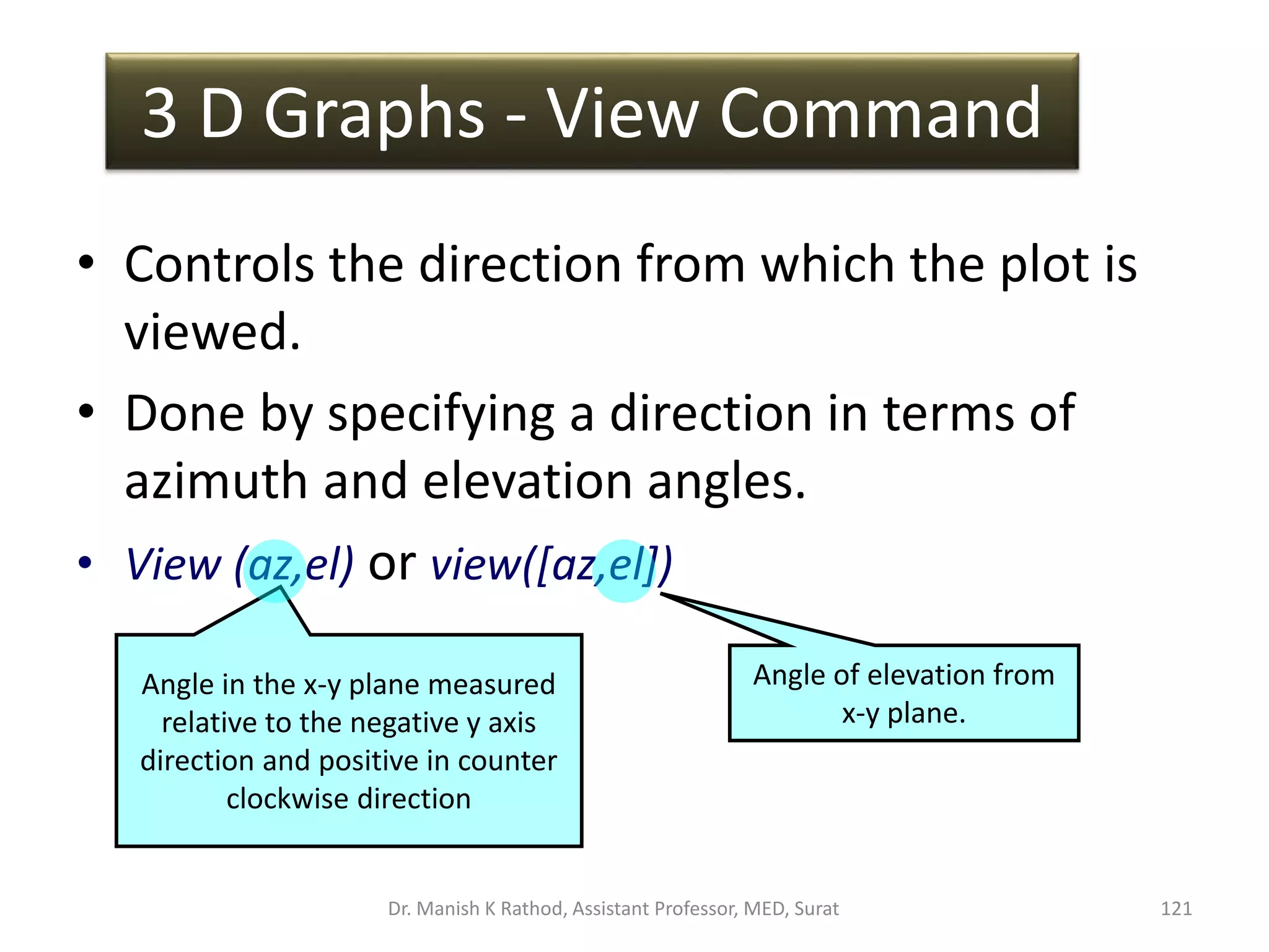 • Controls the direction from which the plot is
viewed.
• Done by specifying a direction in terms of
azimuth and elevation angles.
• View (az,el) or view([az,el])
Angle in the x-y plane measured
relative to the negative y axis
direction and positive in counter
clockwise direction
Angle of elevation from
x-y plane.
3 D Graphs - View Command
Dr. Manish K Rathod, Assistant Professor, MED, Surat 121
 