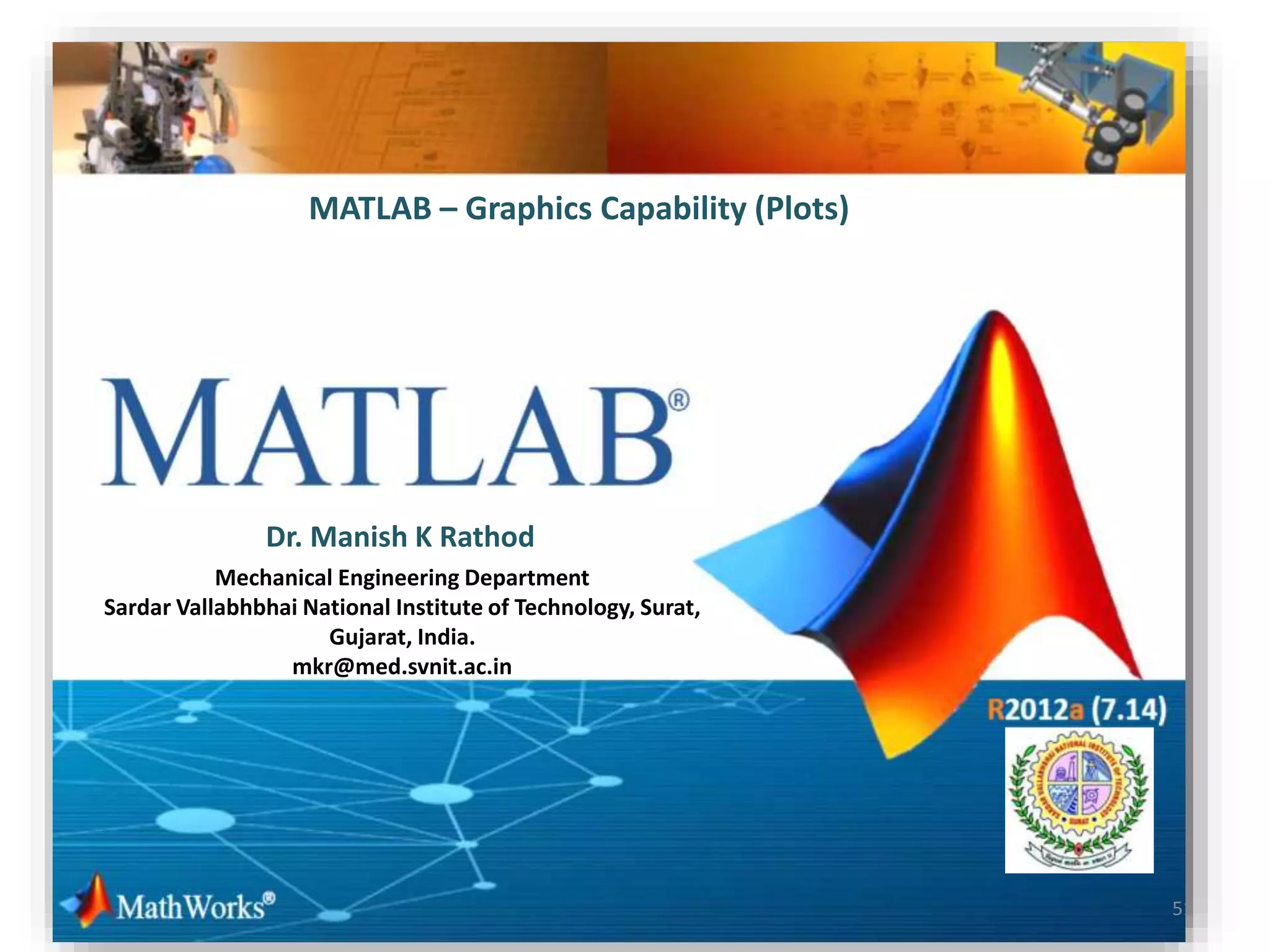 MATLAB – Graphics Capability (Plots)
Mechanical Engineering Department
Sardar Vallabhbhai National Institute of Technology, Surat,
Gujarat, India.
mkr@med.svnit.ac.in
Dr. Manish K Rathod
51
 