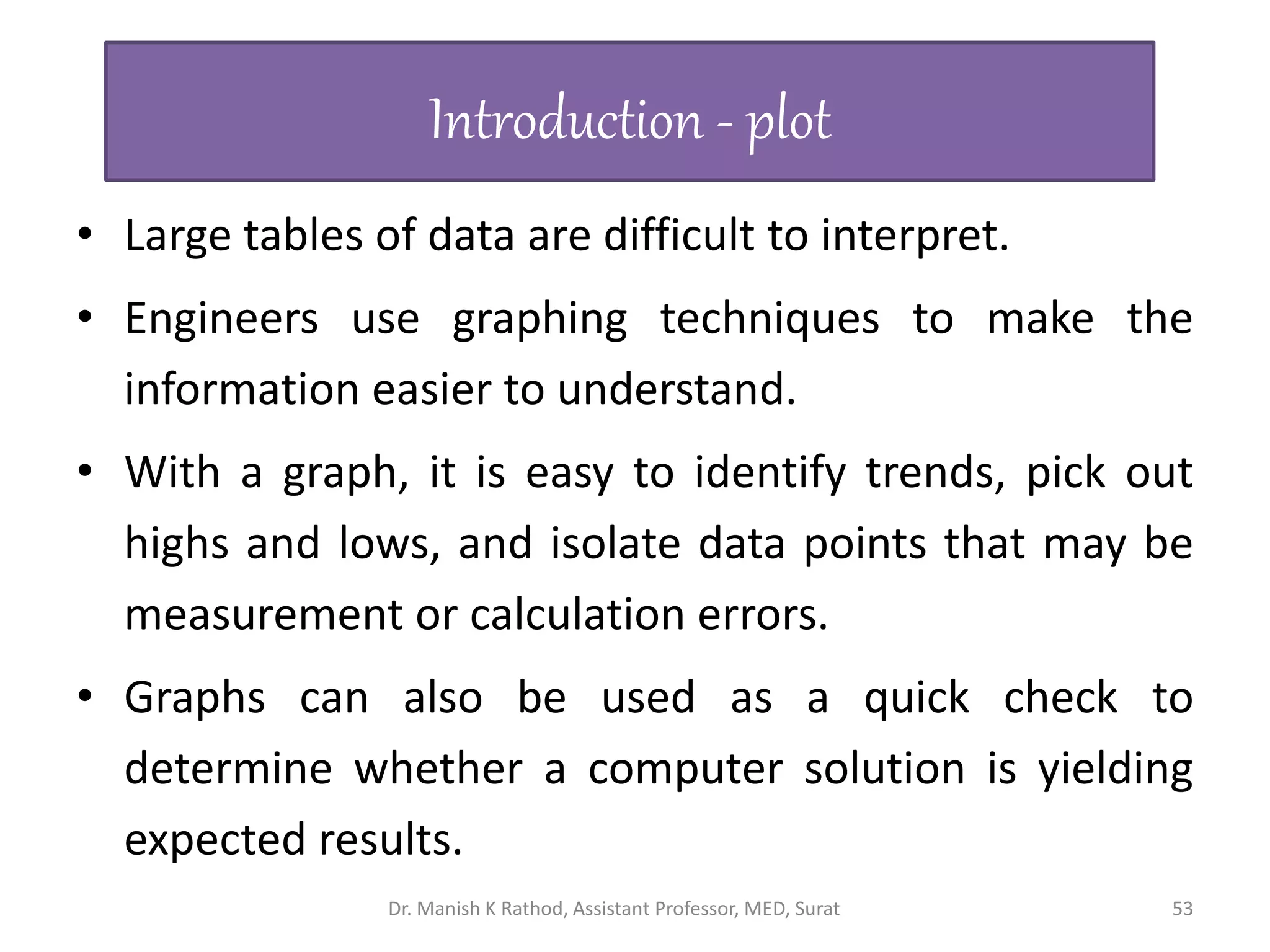 • Large tables of data are difficult to interpret.
• Engineers use graphing techniques to make the
information easier to understand.
• With a graph, it is easy to identify trends, pick out
highs and lows, and isolate data points that may be
measurement or calculation errors.
• Graphs can also be used as a quick check to
determine whether a computer solution is yielding
expected results.
Introduction - plot
Dr. Manish K Rathod, Assistant Professor, MED, Surat 53
 