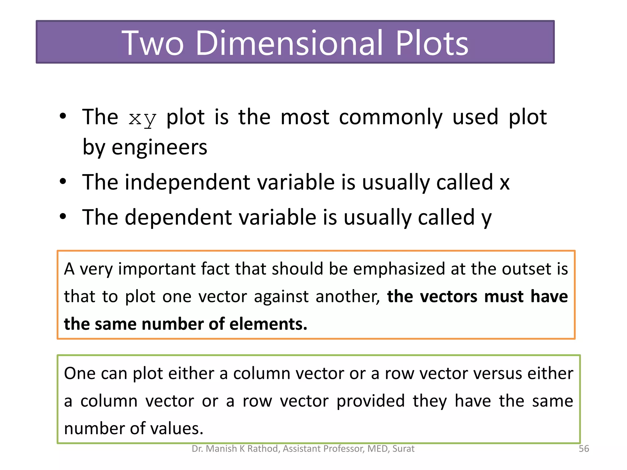 • The xy plot is the most commonly used plot
by engineers
• The independent variable is usually called x
• The dependent variable is usually called y
56
Two Dimensional Plots
A very important fact that should be emphasized at the outset is
that to plot one vector against another, the vectors must have
the same number of elements.
One can plot either a column vector or a row vector versus either
a column vector or a row vector provided they have the same
number of values.
Dr. Manish K Rathod, Assistant Professor, MED, Surat
 