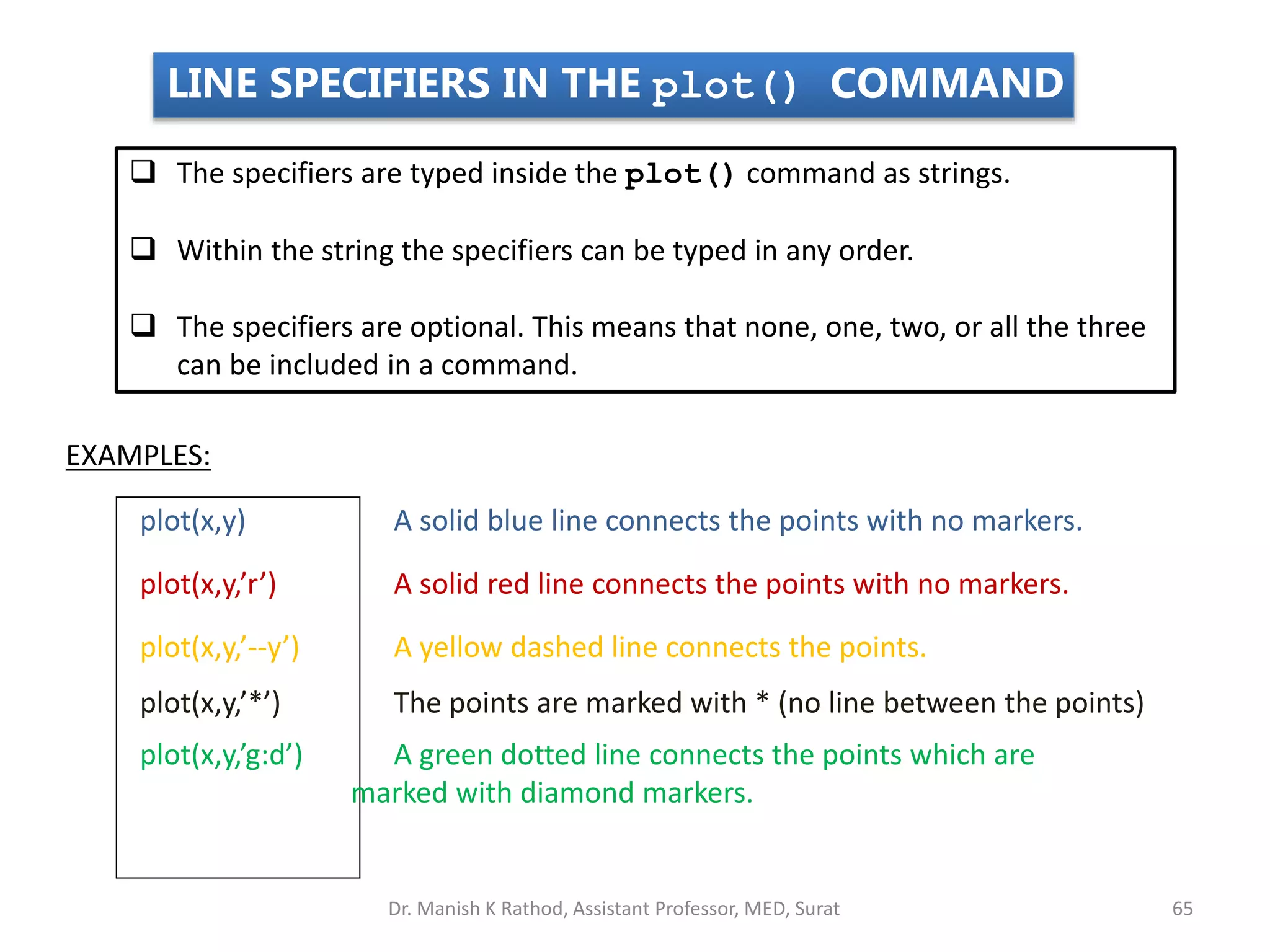  The specifiers are typed inside the plot() command as strings.
 Within the string the specifiers can be typed in any order.
 The specifiers are optional. This means that none, one, two, or all the three
can be included in a command.
EXAMPLES:
plot(x,y) A solid blue line connects the points with no markers.
plot(x,y,’r’) A solid red line connects the points with no markers.
plot(x,y,’--y’) A yellow dashed line connects the points.
plot(x,y,’*’) The points are marked with * (no line between the points)
plot(x,y,’g:d’) A green dotted line connects the points which are
marked with diamond markers.
LINE SPECIFIERS IN THE plot() COMMAND
Dr. Manish K Rathod, Assistant Professor, MED, Surat 65
 
