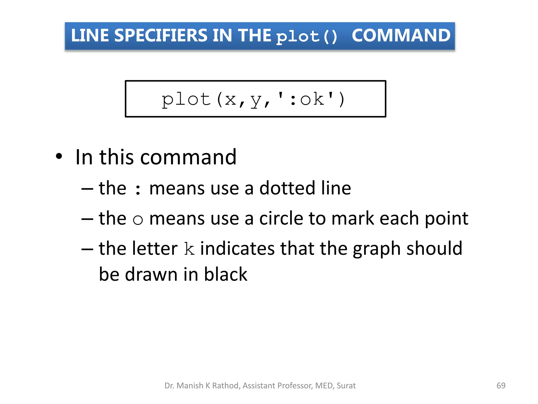 plot(x,y,':ok')
• In this command
– the : means use a dotted line
– the o means use a circle to mark each point
– the letter k indicates that the graph should
be drawn in black
69
LINE SPECIFIERS IN THE plot() COMMAND
Dr. Manish K Rathod, Assistant Professor, MED, Surat
 