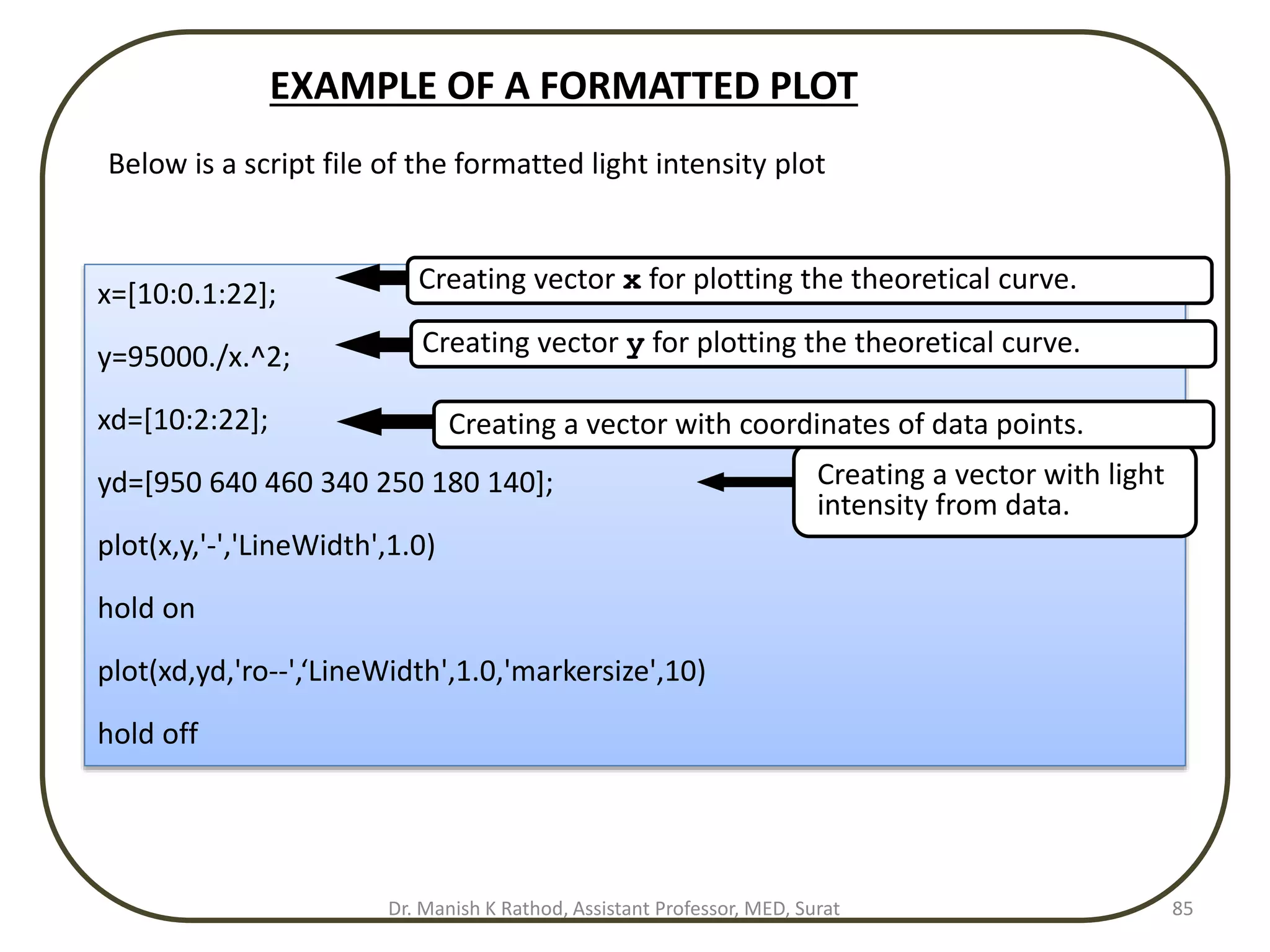 EXAMPLE OF A FORMATTED PLOT
Below is a script file of the formatted light intensity plot
x=[10:0.1:22];
y=95000./x.^2;
xd=[10:2:22];
yd=[950 640 460 340 250 180 140];
plot(x,y,'-','LineWidth',1.0)
hold on
plot(xd,yd,'ro--',‘LineWidth',1.0,'markersize',10)
hold off
Creating a vector with light
intensity from data.
Creating a vector with coordinates of data points.
Creating vector x for plotting the theoretical curve.
Creating vector y for plotting the theoretical curve.
Dr. Manish K Rathod, Assistant Professor, MED, Surat 85
 