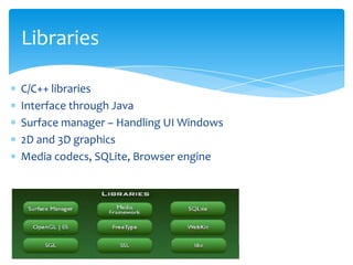 Libraries

C/C++ libraries
Interface through Java
Surface manager – Handling UI Windows
2D and 3D graphics
Media codecs, SQLite, Browser engine
 