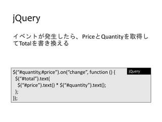 jQuery
٥Ȥk顢PriceQuantityȡä
TotalQ
$(#quantity,#price).on(change, function () {
$(#total).text(
$(#price).text() * $(#quantity).text();
);
});
jQuery
 