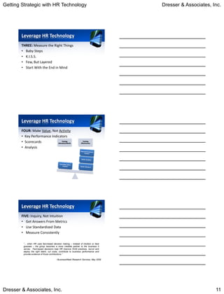 Getting Strategic with HR Technology                                                   Dresser & Associates, Inc.




        Leverage HR Technology
        THREE: Measure the Right Things
        • Baby Steps
        • K.I.S.S.
        • Few, But Layered
        • Start With the End in Mind




        Leverage HR Technology
        FOUR: Make Value, Not Activity
        • Key Performance Indicators
        • Scorecards               Training
                              Attendees/Month
                                                                     Training
                                                                  Effectiveness

        • Analysis




        Leverage HR Technology
        FIVE: Inquiry, Not Intuition
        • Get Answers From Metrics
        • Use Standardized Data
        • Measure Consistently

         “... when HR uses fact-based decision making – instead of intuition or best
         guesses – the group becomes a more credible partner to the business it
         serves. Fact-based decisions help HR improve HCM practices, recruit and
         deploy the right talent, cut costs, contribute to business performance and
         provide evidence of those contributions.”

                                         - BusinessWeek Research Services, May 2009




Dresser & Associates, Inc.                                                                                    11
 