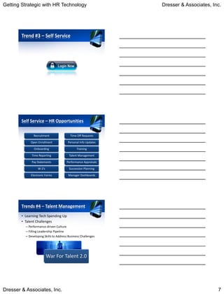 Getting Strategic with HR Technology                            Dresser & Associates, Inc.




        Trend #3 – Self Service




        Self Service – HR Opportunities

               Recruitment                Time Off Requests

             Open Enrollment            Personal Info Updates

               Onboarding                      Training

              Time Reporting             Talent Management

              Pay Statements           Performance Appraisals

                  W-2’s                  Succession Planning

             Electronic Forms           Manager Dashboards




        Trends #4 – Talent Management
        • Learning Tech Spending Up
        • Talent Challenges
          – Performance-driven Culture
          – Filling Leadership Pipeline
          – Developing Skills to Address Business Challenges




                          War For Talent 2.0




Dresser & Associates, Inc.                                                              7
 