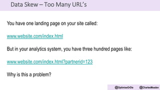 You have one landing page on your site called:
www.website.com/index.html
But in your analytics system, you have three hundred pages like:
www.website.com/index.html?partnerid=123
Why is this a problem?
@OptimiseOrDie @CharlesMeaden
Data Skew – Too Many URL’s
 