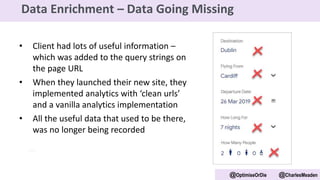• Client had lots of useful information –
which was added to the query strings on
the page URL
• When they launched their new site, they
implemented analytics with ‘clean urls’
and a vanilla analytics implementation
• All the useful data that used to be there,
was no longer being recorded
@OptimiseOrDie @CharlesMeaden
Data Enrichment – Data Going Missing
 