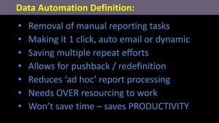 • Removal of manual reporting tasks
• Making it 1 click, auto email or dynamic
• Saving multiple repeat efforts
• Allows for pushback / redefinition
• Reduces ‘ad hoc’ report processing
• Needs OVER resourcing to work
• Won’t save time – saves PRODUCTIVITY
Data Automation Definition:
 