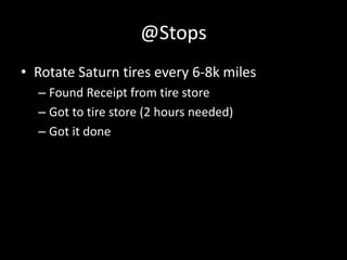 @Stops
• Rotate Saturn tires every 6-8k miles
– Found Receipt from tire store
– Got to tire store (2 hours needed)
– Got i...