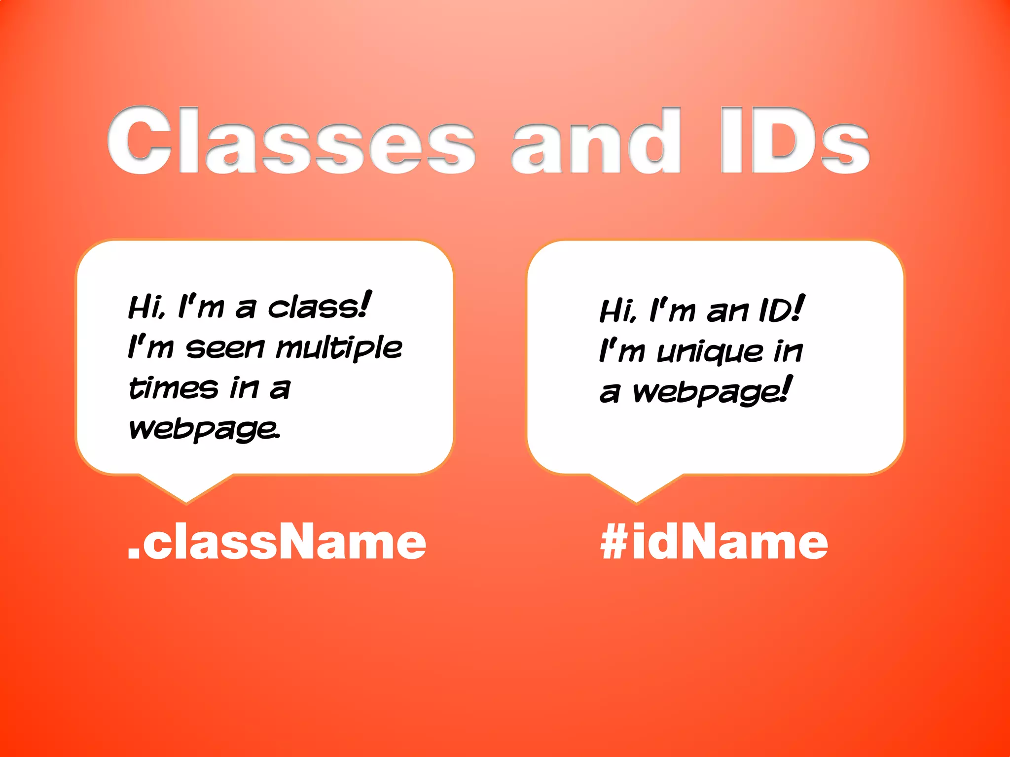 Classes and IDs
Hi, I’m a class!    Hi, I’m an ID!
I’m seen multiple   I’m unique in
times in a          a webpage!
webpage.


.className          #idName
 