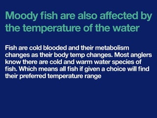 Moody ﬁsh are also affected by
the temperature of the water
Fish are cold blooded and their metabolism
changes as their body temp changes. Most anglers
know there are cold and warm water species of
ﬁsh. Which means all ﬁsh if given a choice will ﬁnd
their preferred temperature range
 