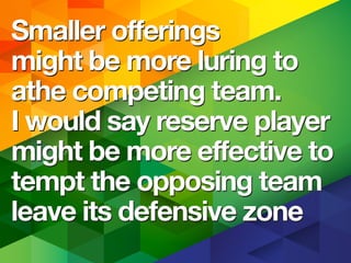 Smaller offerings
might be more luring to
the competing team.
I would say reserve player
might be more effective to
tempt the opposing team
leave its defensive zone
Smaller offerings
might be more luring to
the competing team.
I would say reserve player
might be more effective to
tempt the opposing team
leave its defensive zone
 