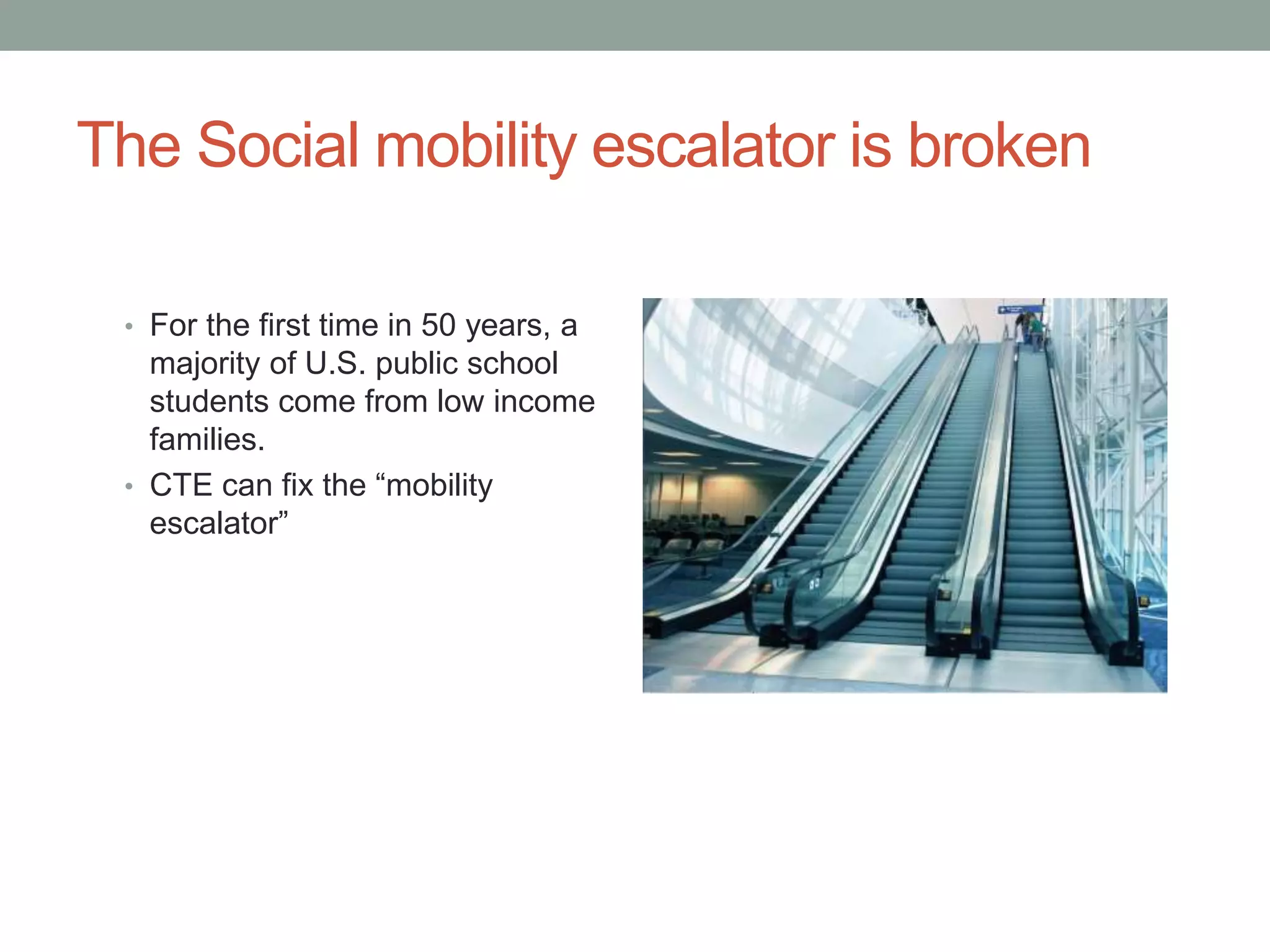 The Social mobility escalator is broken
• For the first time in 50 years, a
majority of U.S. public school
students come from low income
families.
• CTE can fix the “mobility
escalator”
 