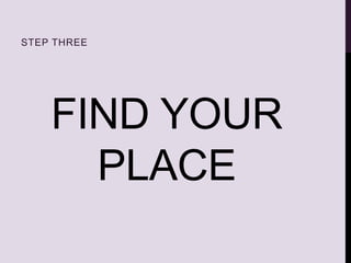FIND YOUR
PLACE
STEP THREE
 