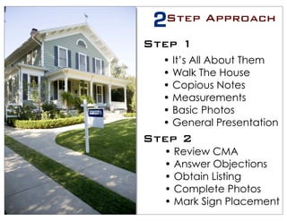 2Step Approach
Step 1
  • It’s All About Them
  • Walk The House
  • Copious Notes
  • Measurements
  • Basic Photos
  • General Presentation
Step 2
  • Review CMA
  • Answer Objections
  • Obtain Listing
  • Complete Photos
  • Mark Sign Placement
 