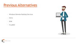 Previous Alternatives
- Windows Remote Desktop Services
- Citrix
- KVM
- FreeBSD
 
