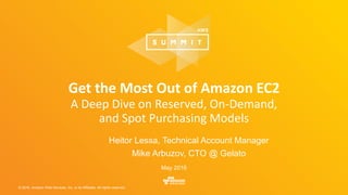 © 2016, Amazon Web Services, Inc. or its Affiliates. All rights reserved.
Heitor Lessa, Technical Account Manager
Mike Arbuzov, CTO @ Gelato
May 2016
Get the Most Out of Amazon EC2
A Deep Dive on Reserved, On-Demand,
and Spot Purchasing Models
 