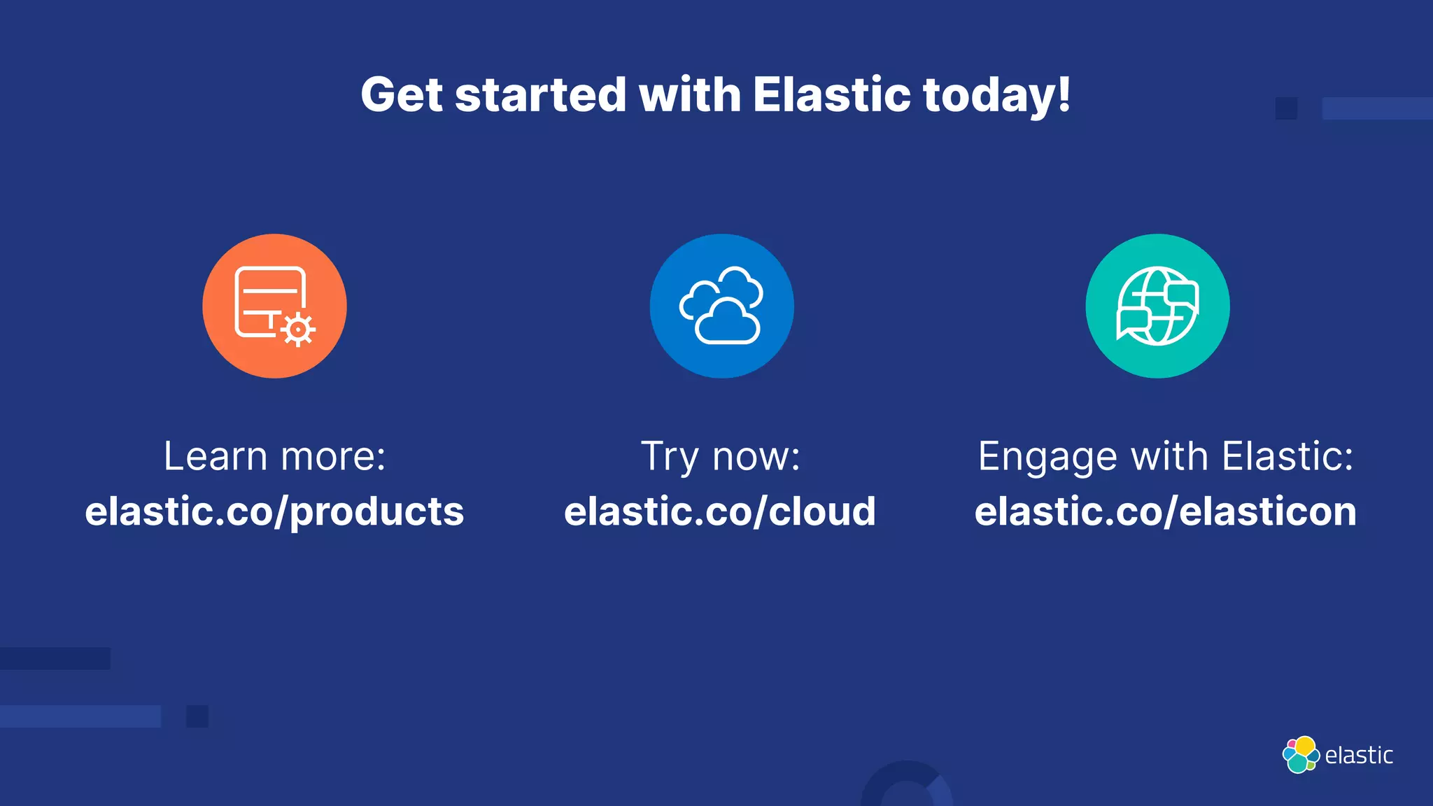 Try now:
elastic.co/cloud
Engage with Elastic:
elastic.co/elasticon
Learn more:
elastic.co/products
Get started with Elastic today!
 