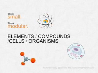 ELEMENTS / COMPOUNDS
/CELLS / ORGANISMS
Richard Lindsey @Velveeta http://conqueringtheclient.com/
Think
small.
Think
modular.
 