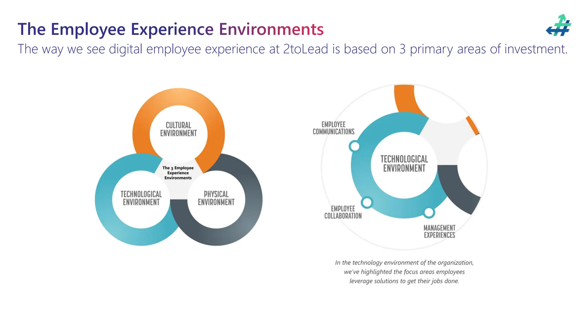 The Employee Experience Environments
The way we see digital employee experience at 2toLead is based on 3 primary areas of investment.
 