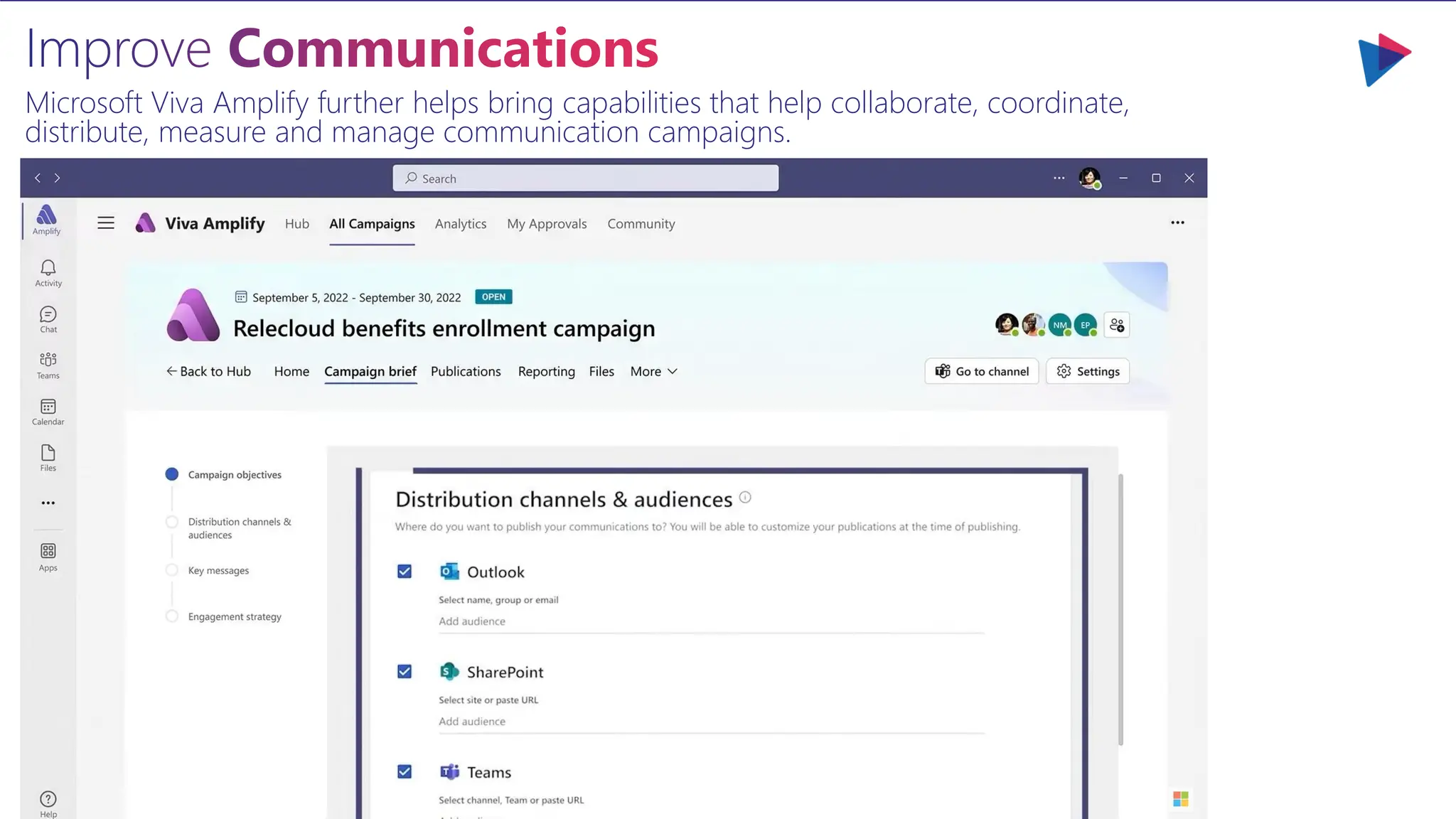 Improve Communications
Microsoft Viva Amplify further helps bring capabilities that help collaborate, coordinate,
distribute, measure and manage communication campaigns.
 
