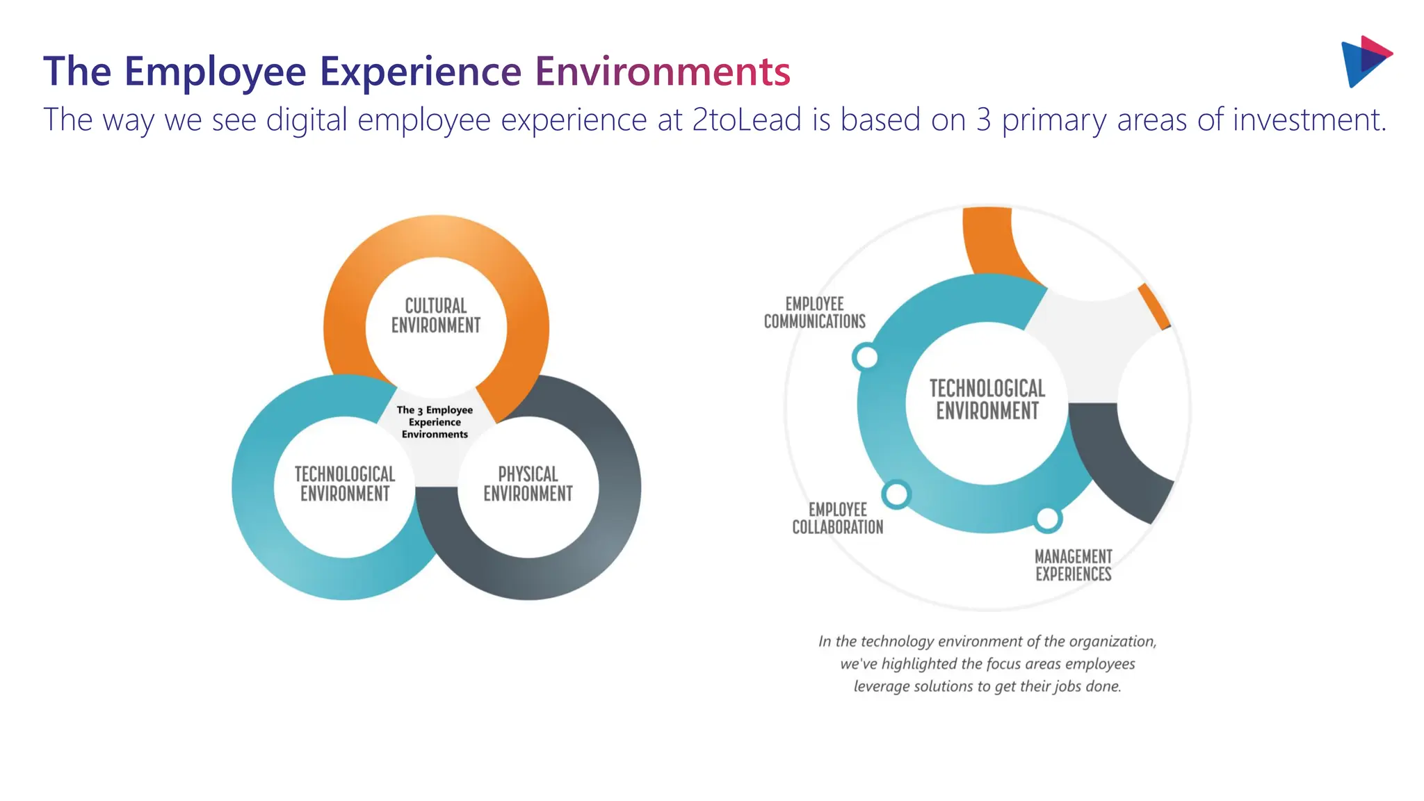 The Employee Experience Environments
The way we see digital employee experience at 2toLead is based on 3 primary areas of investment.
 