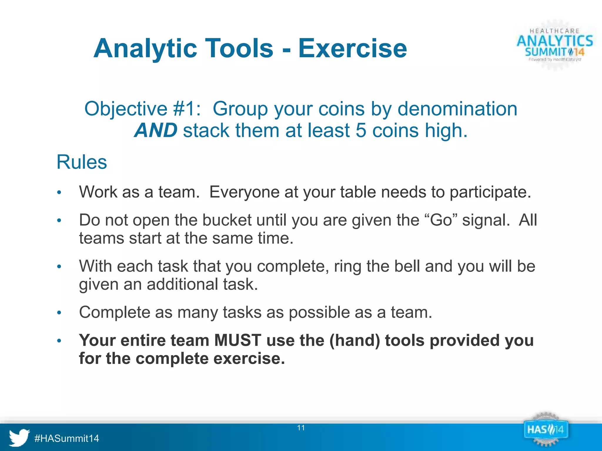 Analytic Tools - Exercise 
Objective #1: Group your coins by denomination 
AND stack them at least 5 coins high. 
Rules 
• Work as a team. Everyone at your table needs to participate. 
• Do not open the bucket until you are given the “Go” signal. All 
11 
teams start at the same time. 
• With each task that you complete, ring the bell and you will be 
given an additional task. 
• Complete as many tasks as possible as a team. 
• Your entire team MUST use the (hand) tools provided you 
for the complete exercise. 
 