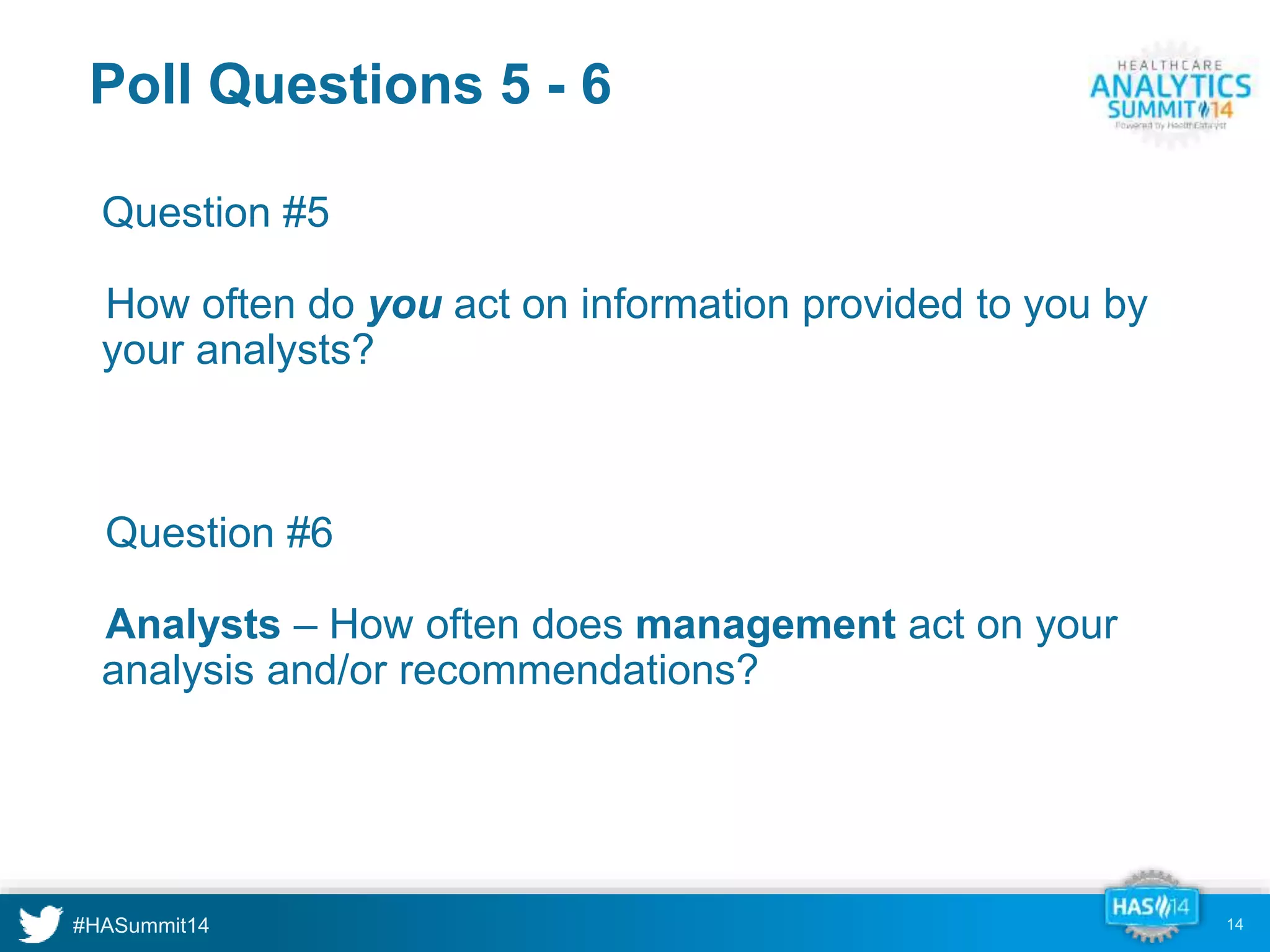 Poll Questions 5 - 6 
Question #5 
•How often do you act on information provided to you by 
your analysts? 
•Question #6 
•Analysts – How often does management act on your 
analysis and/or recommendations? 
14 
 
