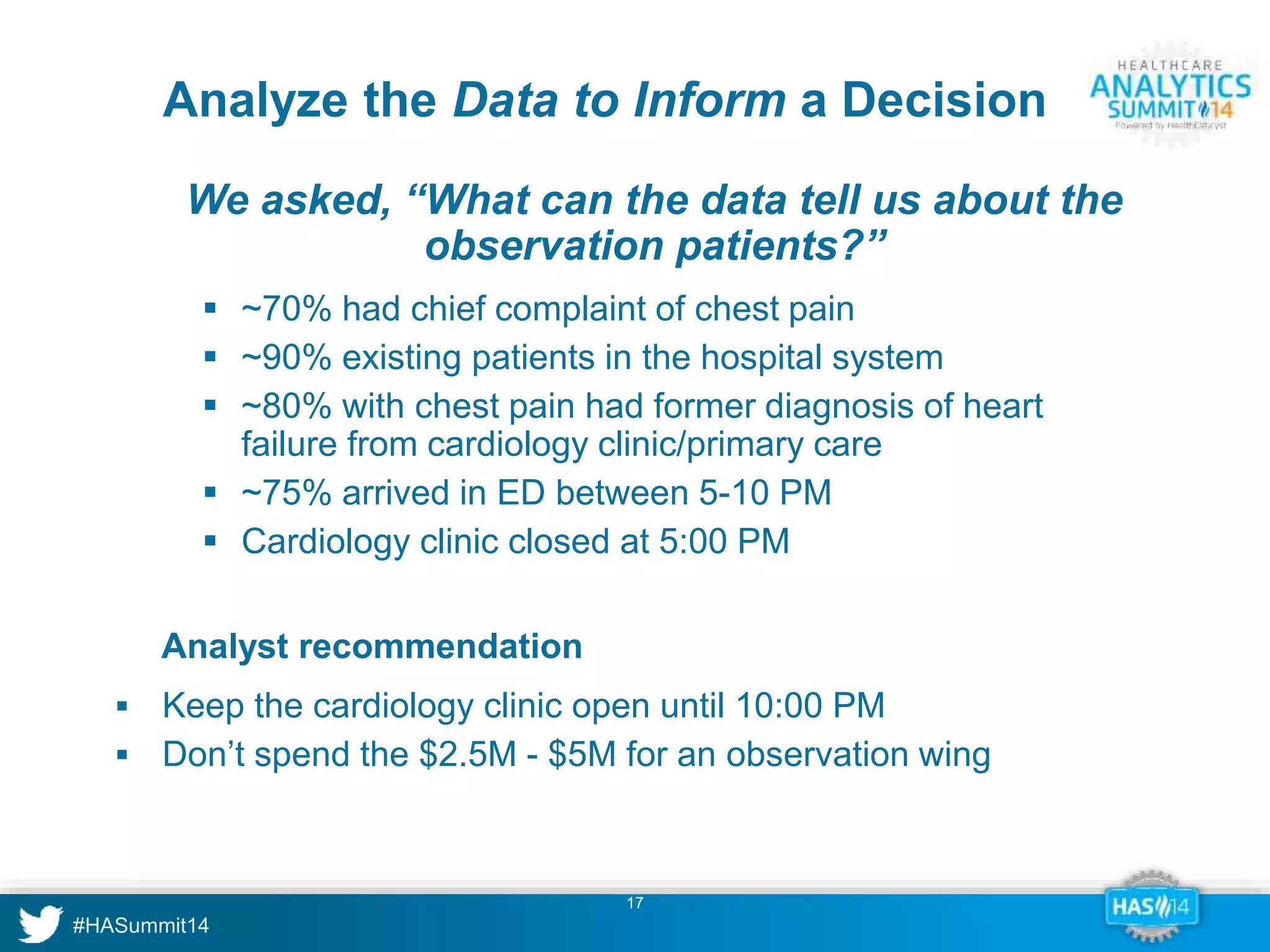 Analyze the Data to Inform a Decision 
We asked, “What can the data tell us about the 
observation patients?” 
 ~70% had chief complaint of chest pain 
 ~90% existing patients in the hospital system 
 ~80% with chest pain had former diagnosis of heart 
failure from cardiology clinic/primary care 
 ~75% arrived in ED between 5-10 PM 
 Cardiology clinic closed at 5:00 PM 
17 
Analyst recommendation 
 Keep the cardiology clinic open until 10:00 PM 
 Don’t spend the $2.5M - $5M for an observation wing 
 