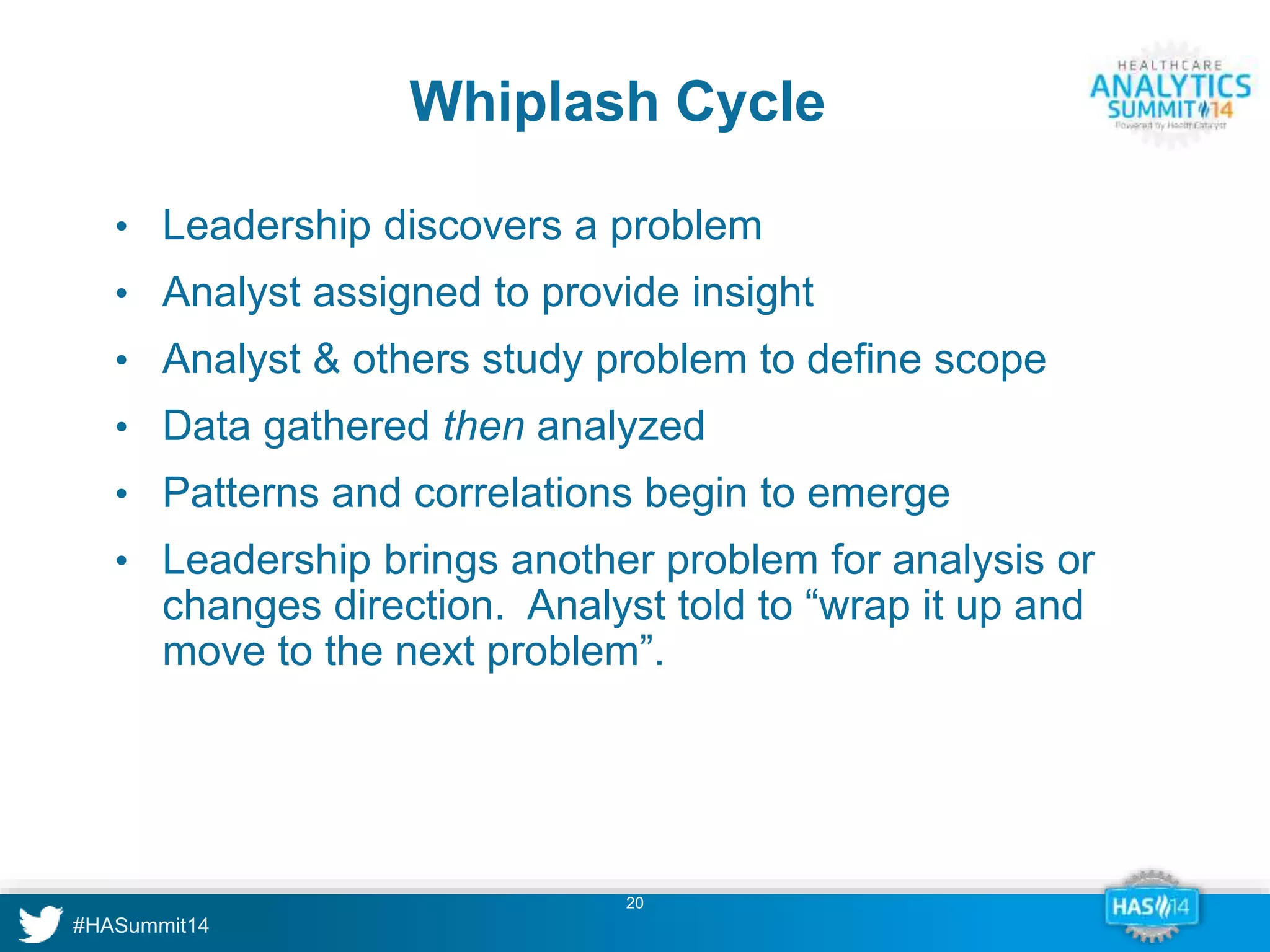 Whiplash Cycle 
• Leadership discovers a problem 
• Analyst assigned to provide insight 
• Analyst & others study problem to define scope 
• Data gathered then analyzed 
• Patterns and correlations begin to emerge 
• Leadership brings another problem for analysis or 
changes direction. Analyst told to “wrap it up and 
move to the next problem”. 
20 
 