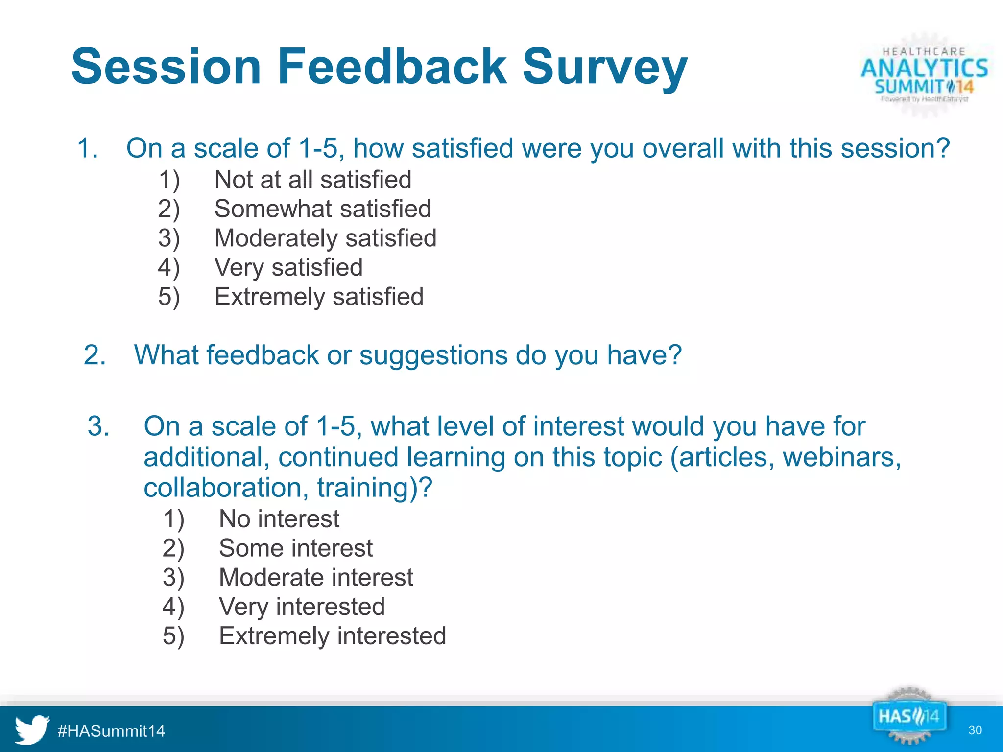 Session Feedback Survey 
30 
1. On a scale of 1-5, how satisfied were you overall with this session? 
1) Not at all satisfied 
2) Somewhat satisfied 
3) Moderately satisfied 
4) Very satisfied 
5) Extremely satisfied 
2. What feedback or suggestions do you have? 
3. On a scale of 1-5, what level of interest would you have for 
additional, continued learning on this topic (articles, webinars, 
collaboration, training)? 
1) No interest 
2) Some interest 
3) Moderate interest 
4) Very interested 
5) Extremely interested 
 