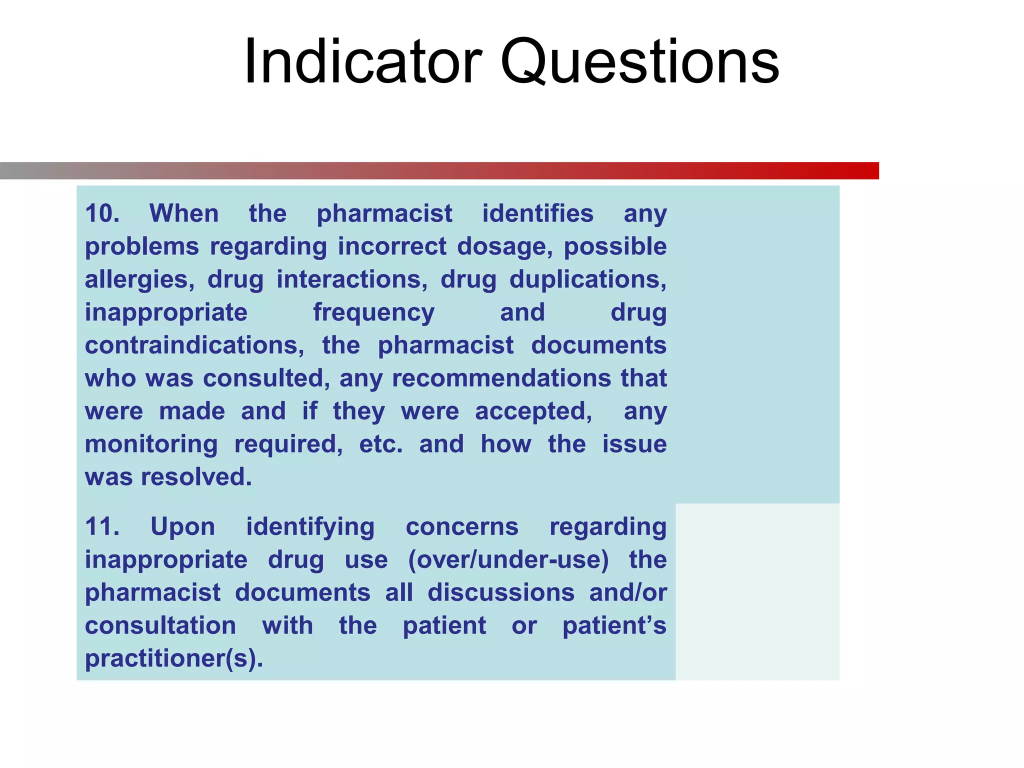 Indicator Questions
10. When the pharmacist identifies any
problems regarding incorrect dosage, possible
allergies, drug interactions, drug duplications,
inappropriate frequency and drug
contraindications, the pharmacist documents
who was consulted, any recommendations that
were made and if they were accepted, any
monitoring required, etc. and how the issue
was resolved.
11. Upon identifying concerns regarding
inappropriate drug use (over/under-use) the
pharmacist documents all discussions and/or
consultation with the patient or patient’s
practitioner(s).
 