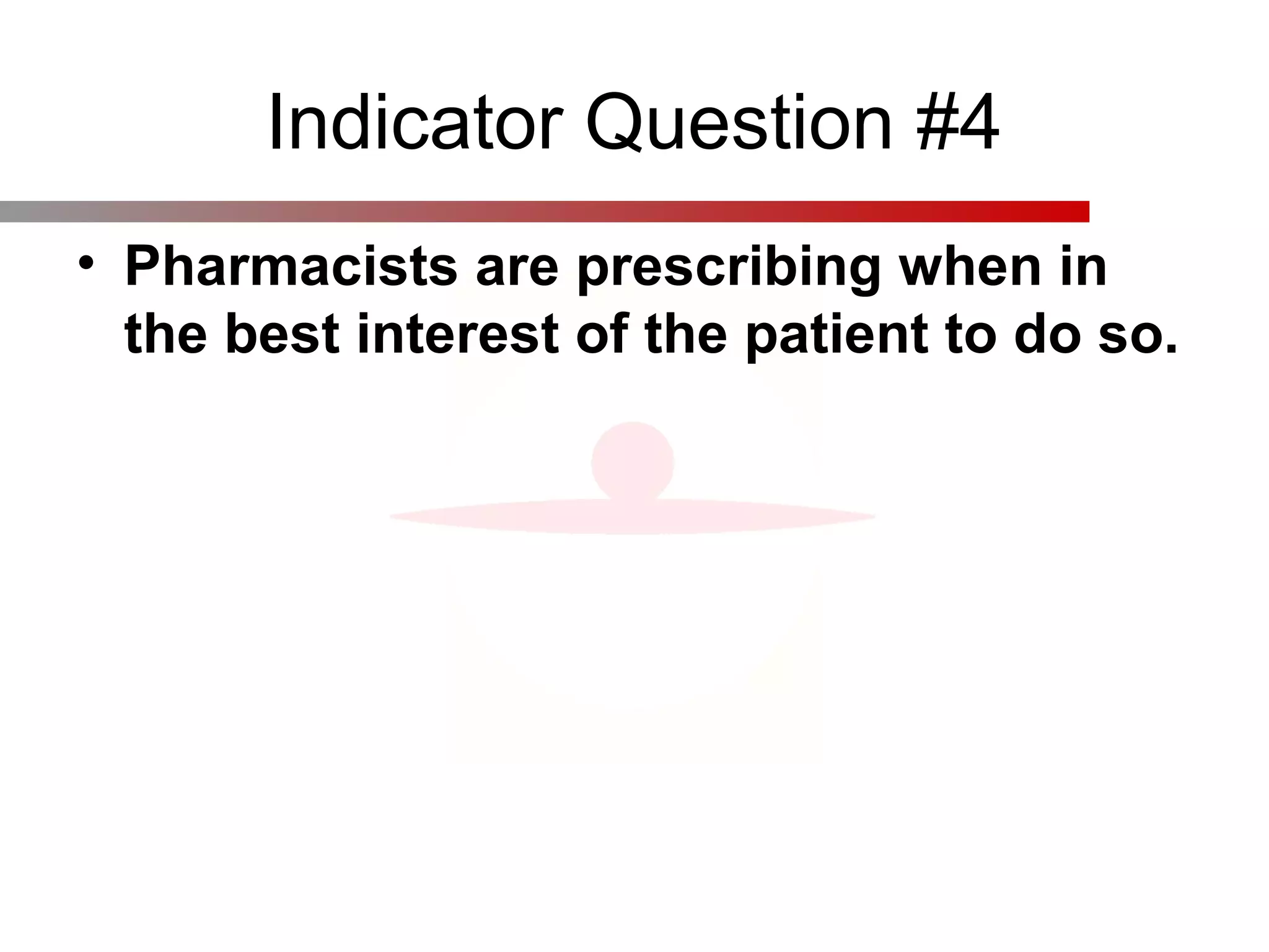 Indicator Question #4
• Pharmacists are prescribing when in
the best interest of the patient to do so.
 