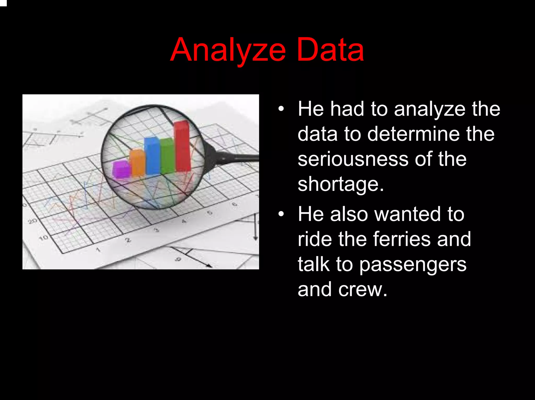 Analyze Data
• He had to analyze the
data to determine the
seriousness of the
shortage.
• He also wanted to
ride the ferries and
talk to passengers
and crew.
 